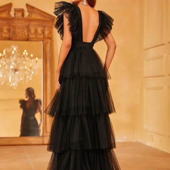 Black Elegant Women's Deep V-Neck Ruffled Flared Sleeves Evening Gown - Picture 2 of 6